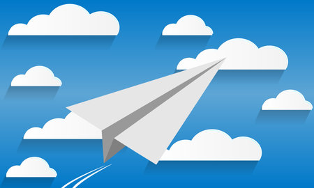 Vector illustration of paper plane and clouds on blue background.のイラスト素材