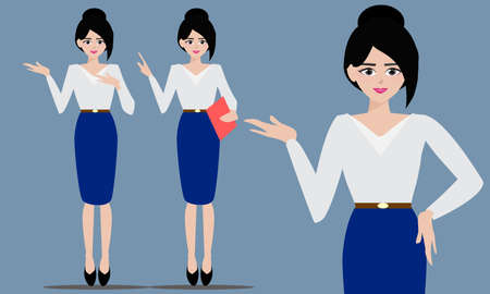 Vector illustration of Business women in presentation.Vector girl in business costume. Different poses of standing woman.のイラスト素材