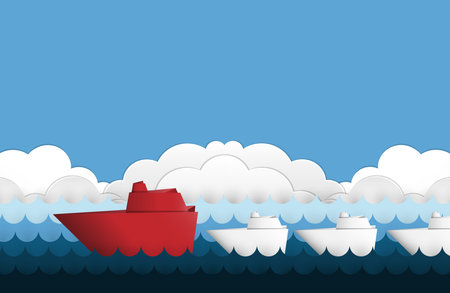 Vector illustration of leadership concept with origami red battleship leading among white in the seaのイラスト素材