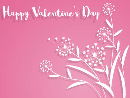 Vector illustration of dandelion flowers with heart shaped feather, flying petals and Happy Valentine's Day text. Love concept. Love symbols design. Valentines greeting card.のイラスト素材