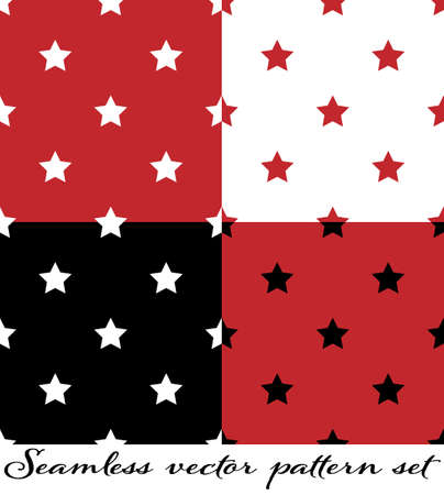 Seamless vector pattern set. Seamless star pattern in black, white and red on white, black and red background. のイラスト素材