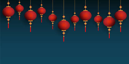 Chinese red lanterns hanging on blue background. vector illustrator in flat design for Chinese New Year card or background.のイラスト素材