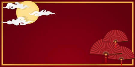 Red Chinese folding fans in gold frame on red sky with full moon and clouds  background. vector illustrator in flat design for Chinese New Year card or background.のイラスト素材