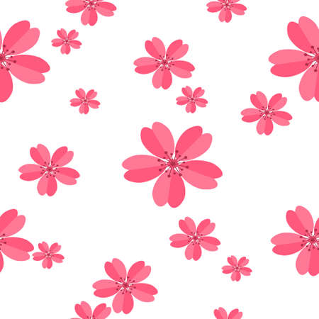 Floral pink cherry blossom on white background. Seamless vector pattern.のイラスト素材