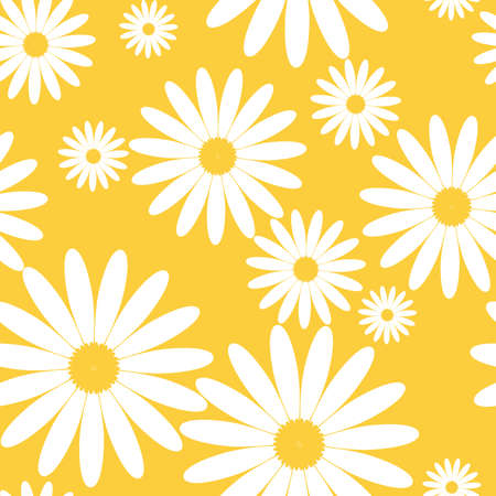 White daisies seamless vector pattern on a yellow background. Daisy in flat design. Tiny flowers seamless pattern.のイラスト素材