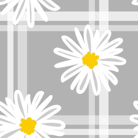 White daisies and white line seamless vector pattern on a gray background, seamless pattern.のイラスト素材