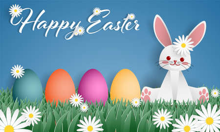 Vector illustration of Happy Easter text with rainbow egg and a rabbit on grass and white flower in the garden.のイラスト素材
