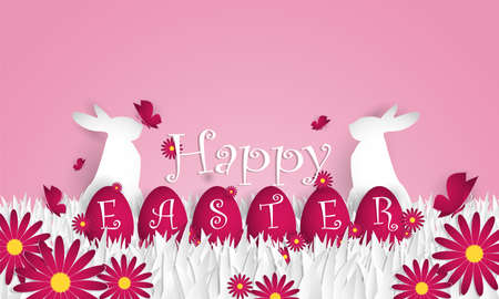 Vector illustration of Happy Easter text with rainbow egg and a rabbit on grass, butterfly and flower in the garden. Easter Day Paper art style. Digital craft design.のイラスト素材