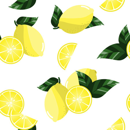 Seamless pattern with sliced lemons and leaves. Vector illustration.のイラスト素材