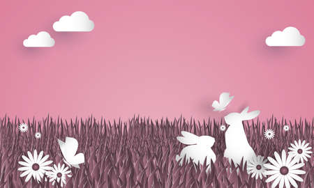 Vector illustration of rabbits on grass and flower with butterfly in the garden. Paper art style. Digital craft design.のイラスト素材