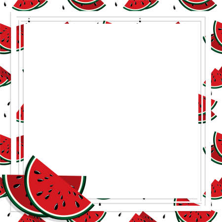 Vector illustration of square white frame and rectangle label on watermelon fruit background. Tropical fresh and juicy red melon fruit closely spaced background in flat design.のイラスト素材