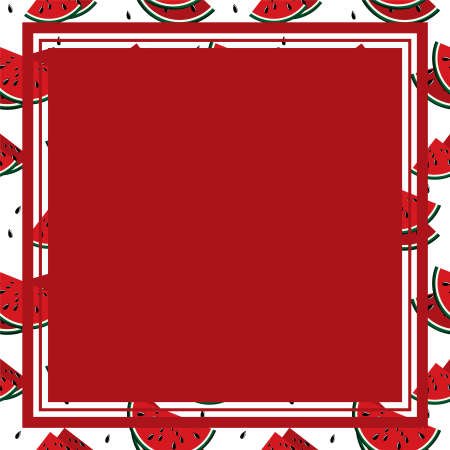 Vector illustration of square white frame and rectangle label on watermelon fruit background. Tropical fresh and juicy red melon fruit closely spaced background in flat design.のイラスト素材