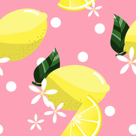Seamless pattern with sliced lemons, flower and leaves. Vector illustration.のイラスト素材