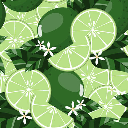 Seamless pattern with sliced limes, flower and leaves. Vector illustration.のイラスト素材