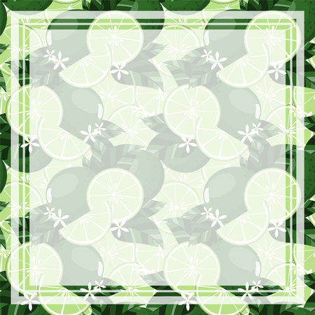 Vector illustration of square white frame and rectangle label on citrus lime background. Tropical...