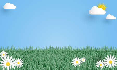 Vector illustration of grass and white flower in the garden. Paper art style. Digital craft design.のイラスト素材