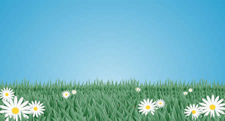 Vector illustration of grass and white flower in the garden. Paper art style. Digital craft design.のイラスト素材