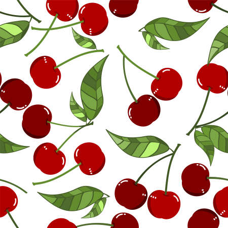 Red cherry with leaves seamless pattern on white background.のイラスト素材