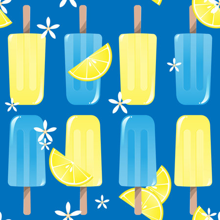 Popsicles ice-cream seamless background pattern with lemon and flower for summer print. Vector illustration.のイラスト素材
