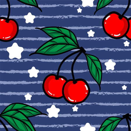 Seamless Pattern of red cherry with leaves, Fruit berry pattern, Sweet cherry on blue background....