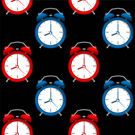 Vector illustration of red and blue alarms clock pattern.のイラスト素材