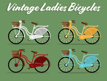 Set of vintage ladies bicycles viewed from the side. Vector illustration.のイラスト素材