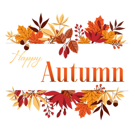 Autumn background with Happy Autumn text on autumn leaves frame.