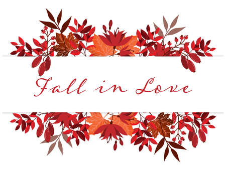 Autumn background with Fall in Love text on autumn leaves frame.のイラスト素材