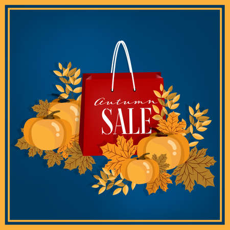 Shopping bags with Autumn Sale text, fall leaves and pumpkin. Special autumn sale banner.のイラスト素材
