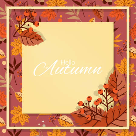 Autumn background with Hello Autumn text on autumn leaves frame.のイラスト素材