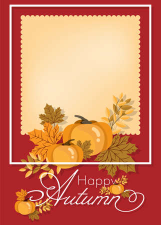 Autumn Floral background with Happy Autumn text with autumn leaves and pumpkin.のイラスト素材