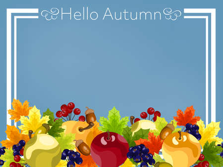 Autumn background with Hello Autumn text with autumn leaves, acorns, apples, seeds and berries.のイラスト素材