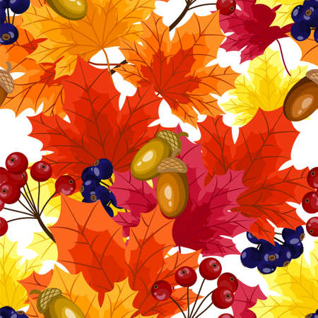 Vector floral seamless pattern with autumn leaves, berries and acorn.のイラスト素材