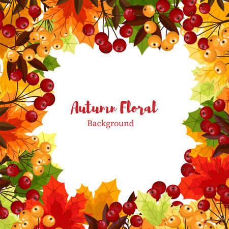 Autumn floral background with autumn leaves, flower and berries.のイラスト素材