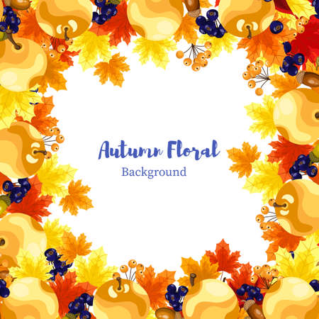 Autumn floral background with autumn leaves, acorns, apples, seeds and berries.のイラスト素材