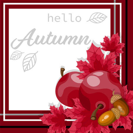 Autumn background with hello Autumn text on autumn leaves and berries frame.のイラスト素材