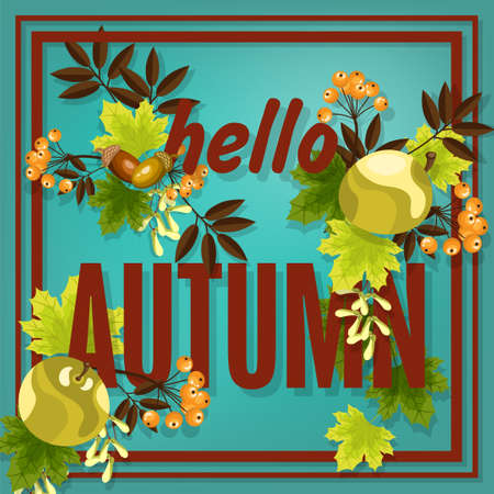 Autumn floral background with hello Autumn text with autumn leaves, apple and berries.のイラスト素材