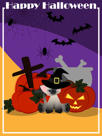 Vector illustration of cute cat have witch hat sitting on pumpkin lantern near spiders hanging on spider web, candy corn on the floor andのイラスト素材