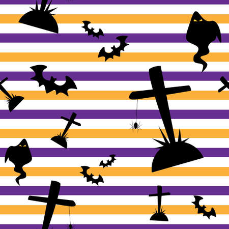 Halloween seamless pattern with spider, bats, ghost and gravestone on red-violet background.Vector illustration.のイラスト素材