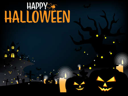 Halloween background with Haunted House, halloween elemenys and Happy Halloween text.のイラスト素材