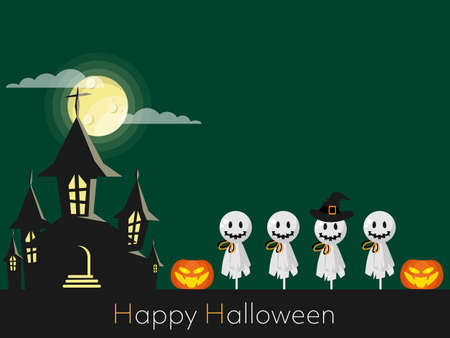 Halloween background with Haunted House with Moon ,witch scarecrow, Halloween pumpkin and Happy Halloween text.のイラスト素材