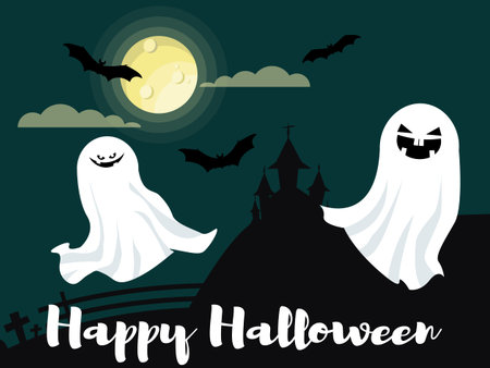 Halloween background with ghost , haunted house  and Happy Halloween text.