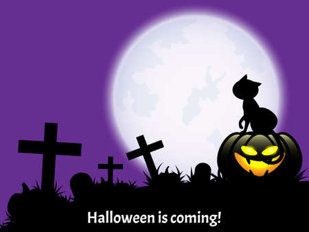 Halloween background with Halloween is coming text and  silhouette of cat siting on Halloween Pumpkin with moon.のイラスト素材