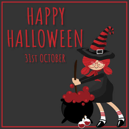 Halloween background with young witch and Happy Halloween text.のイラスト素材