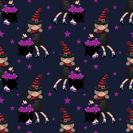 Halloween seamless pattern wiith young witch and witch's cauldron.のイラスト素材