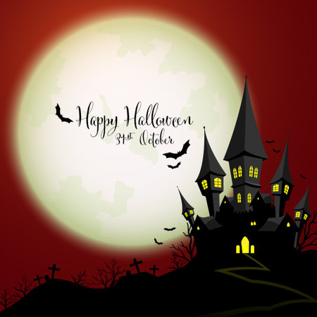 Halloween creepy forest with Haunted House, bats and full Moon and Happy  Halloween text. vector illustration of Halloween background.のイラスト素材