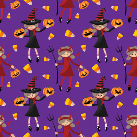 Halloween seamless pattren with cute girl in halloween outfit of Devils and witch.のイラスト素材