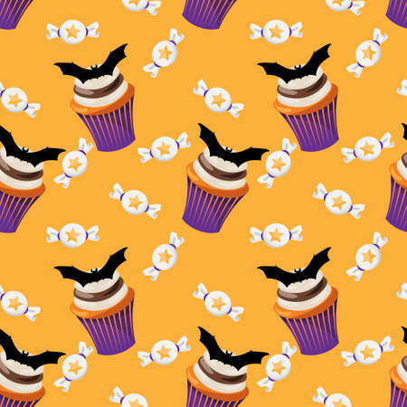Halloween Sweets Seamless Pattern. Colorful Halloween sweets background.のイラスト素材