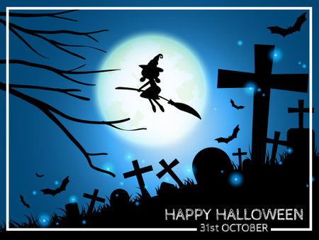 Halloween background with silhouette of witch flying and Happy Halloween 31st October text.のイラスト素材