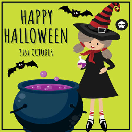 Halloween background with young witch and Happy Halloween text.のイラスト素材